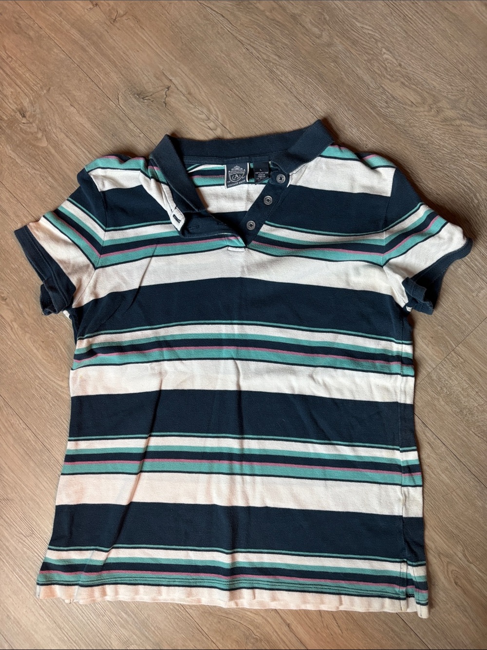Aeropostale Navy, White and Teal Striped Polo Tee